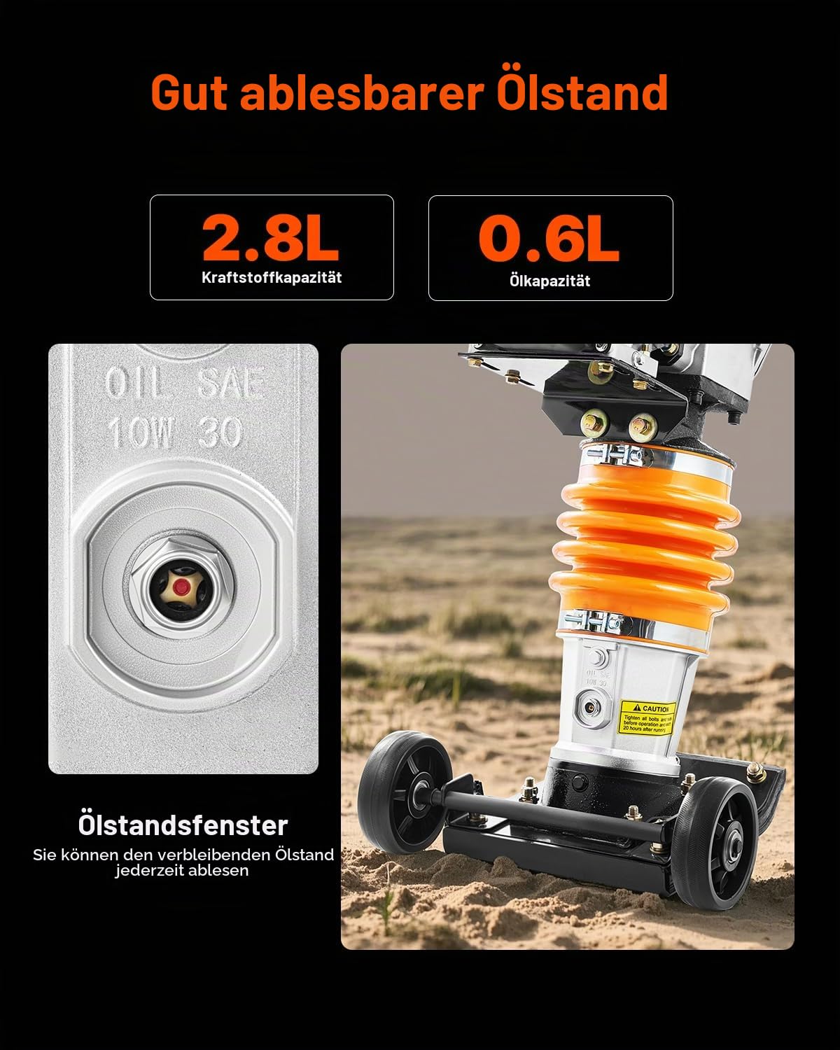VEVOR 6,5 PS Vibrationsstampfer, kraftstoffbetriebener 196-cc-Motorstampfer, 1632 kg Schlagkraft, 66 cm max. Verdichtungstiefe, Vier Federn, Grabenstampfer für Erde, Kies, Betonplatten, Fundamente