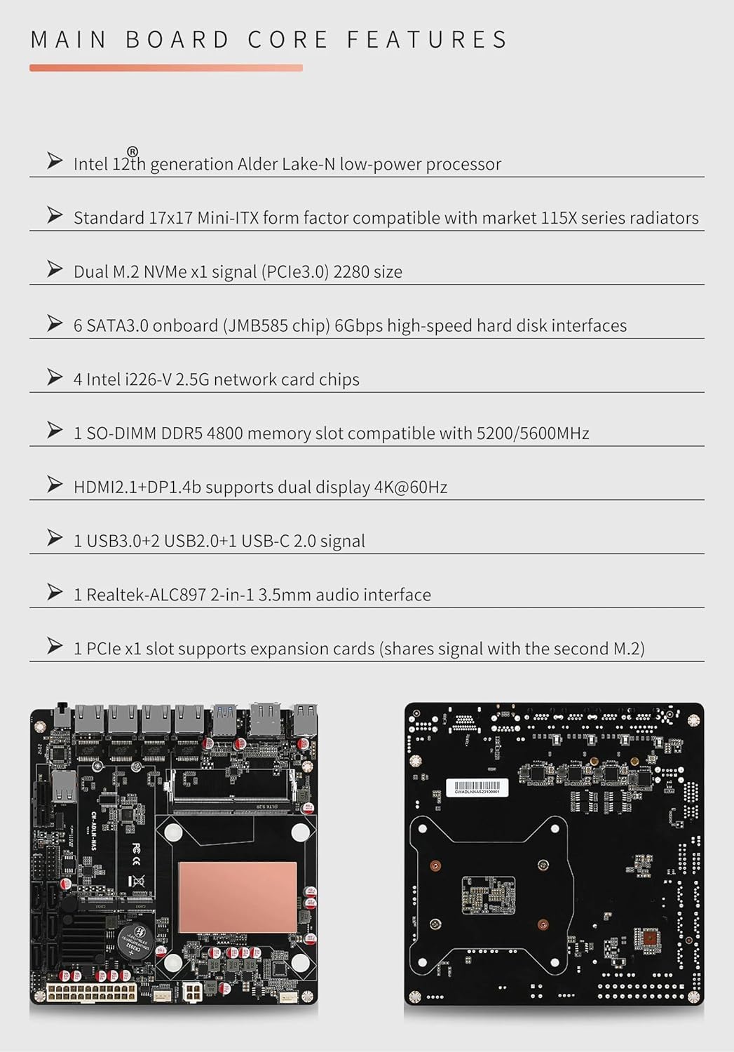 N100 Scheda madre industriale NAS 4 core 4 Fili Processore Bassa Potenza 4 x 2,5 G i226 rete M.2 Slot 6 x SATA DP HDMI 2.0 PCIE × 1