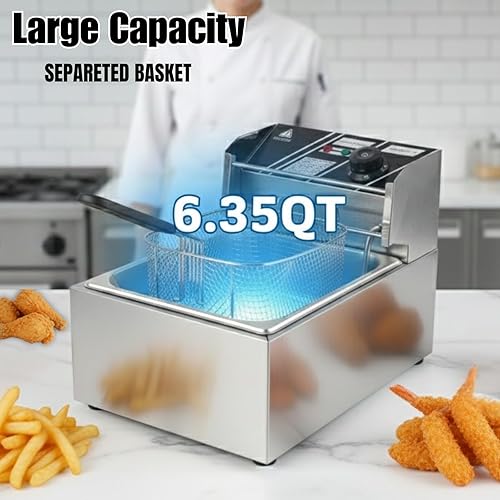 Miniatura 4 de Freidora eléctrica de 6 litros de acero inoxidable de un solo tanque comercial con canasta, control de temperatura de 2500 W, freidora de encimera