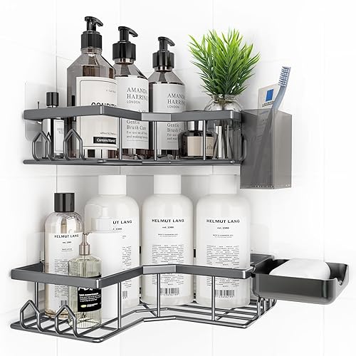 Miniatura 12 de Organizador de ducha adhesivo, paquete de 6 organizadores de baño esquineros, estantes de ducha de acero inoxidable a prueba de óxido con gran Negro