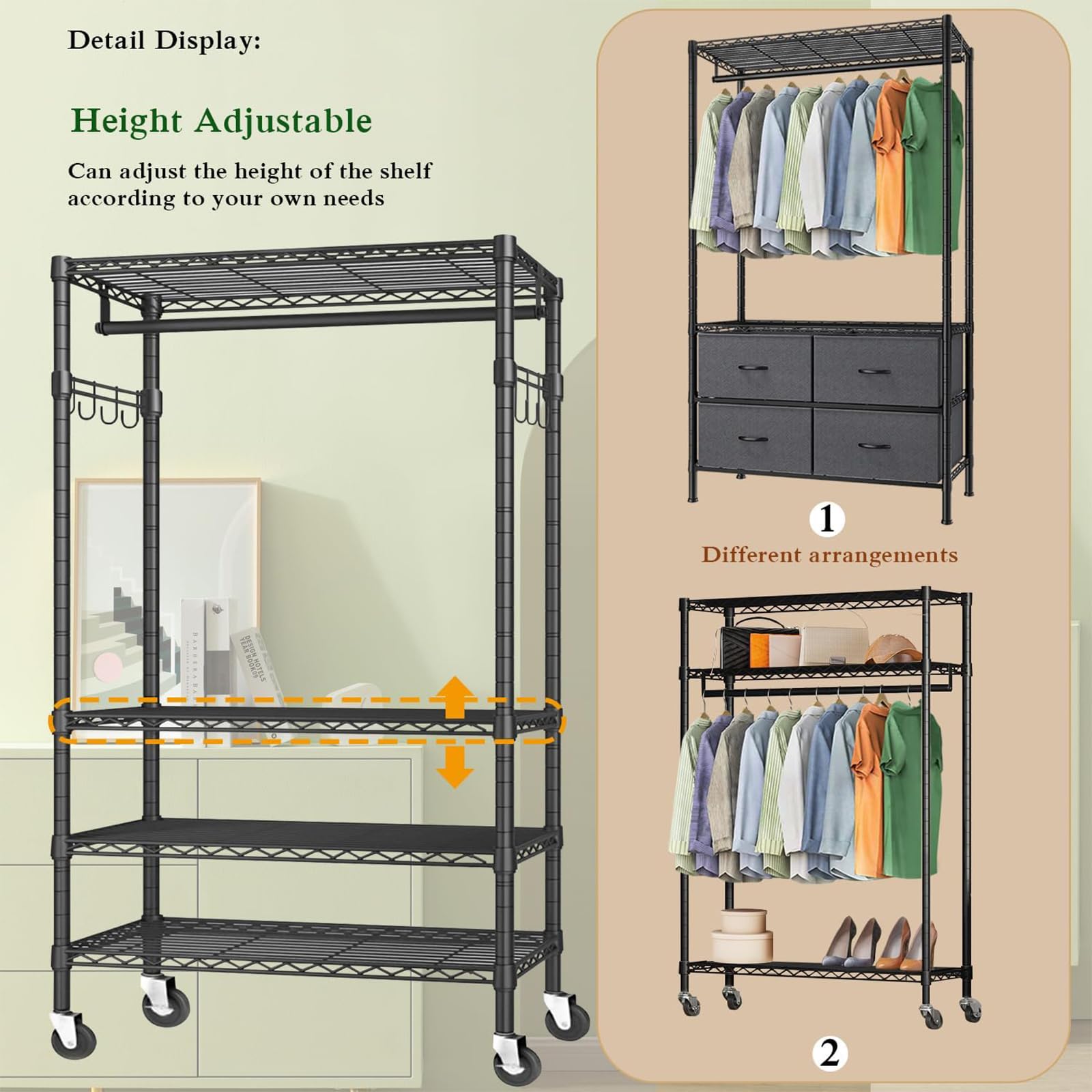 Armario Abierto para Ropa de 4 Baldas, Perchero de Pie | para Dormitorio o Vestidor, Negro, 187 × 90 × 45 cm
