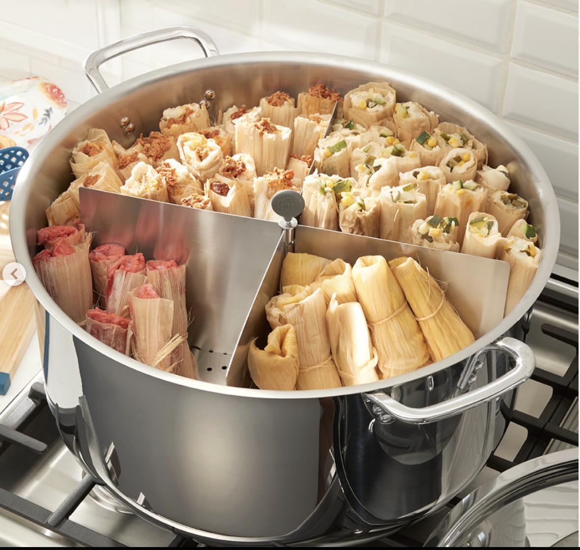 Princess House Vida Sana Heritage Stainless Steel 47-Qt Tamalera Mexican Cooking Pot with Divider, Steaming Rack and Vent in Glass Lid allows steam to escape, which helps keep glass clear for viewing.