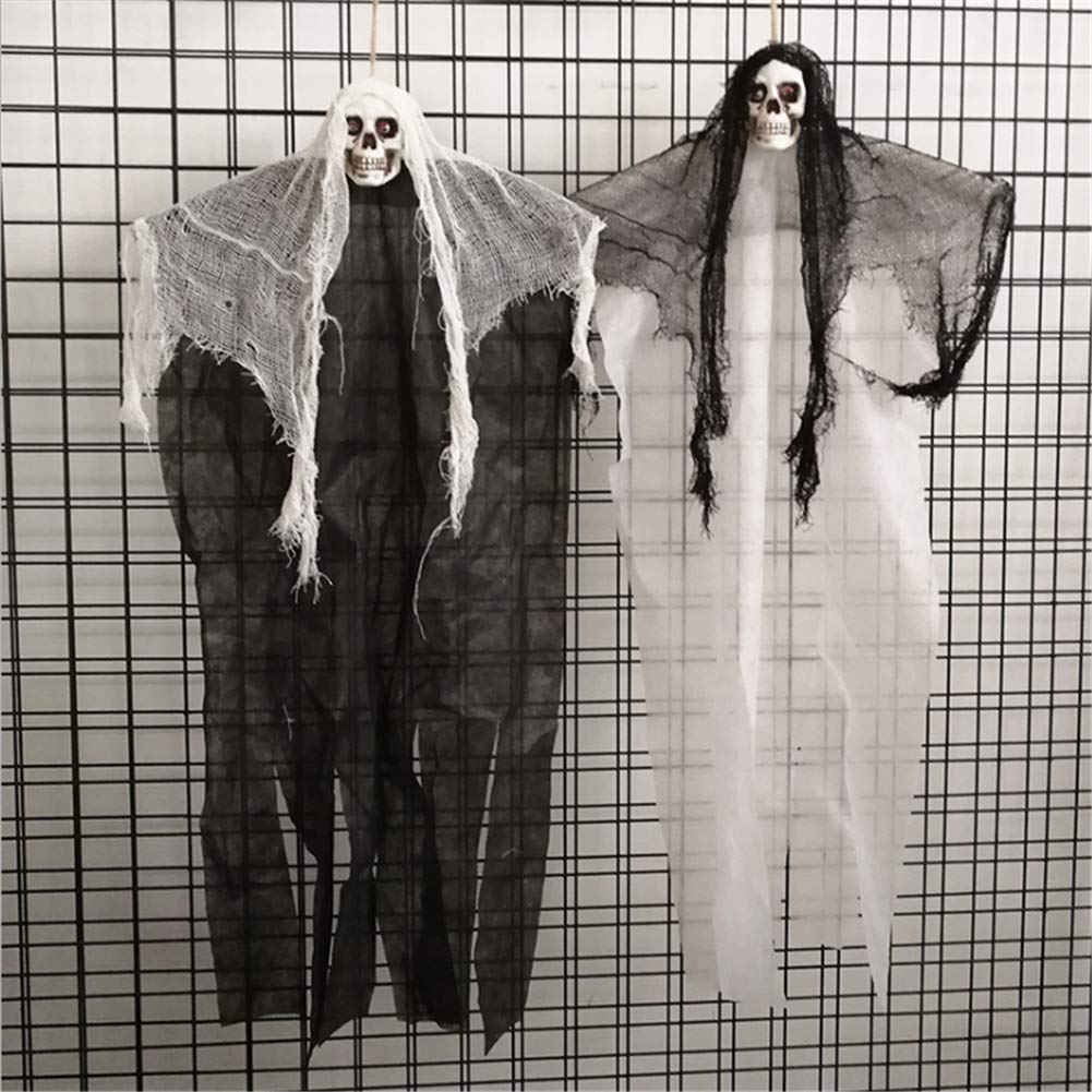 2 Squelettes Suspendus Halloween 80x75cm - Fantômes Avec Chaînes, Blanc & Noir - Décoration Effrayante Maison/jardin - 12