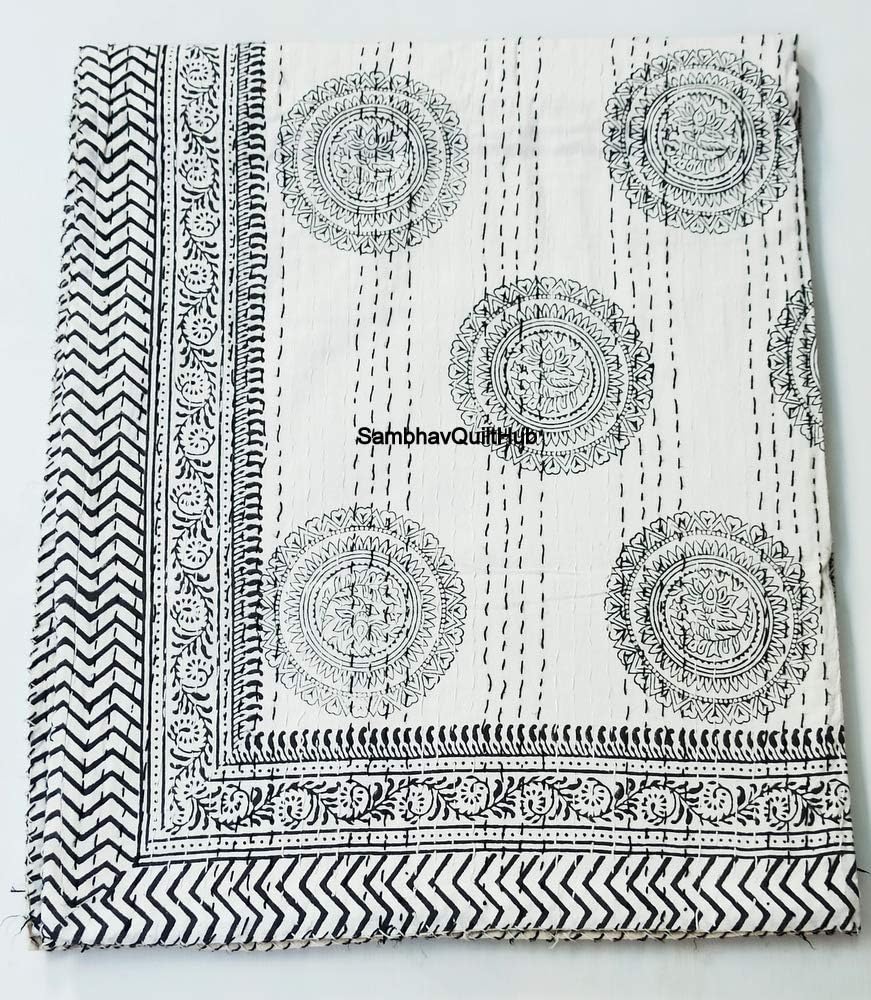 Indian Handblock Boho Block Print Kantha Quilt Bedding Bohemian Cotton Blanket Handmade Bedspread Hand Block Print, 100% Cotton Bedspread Blanket Throw (White&Black, 60X90 inch)