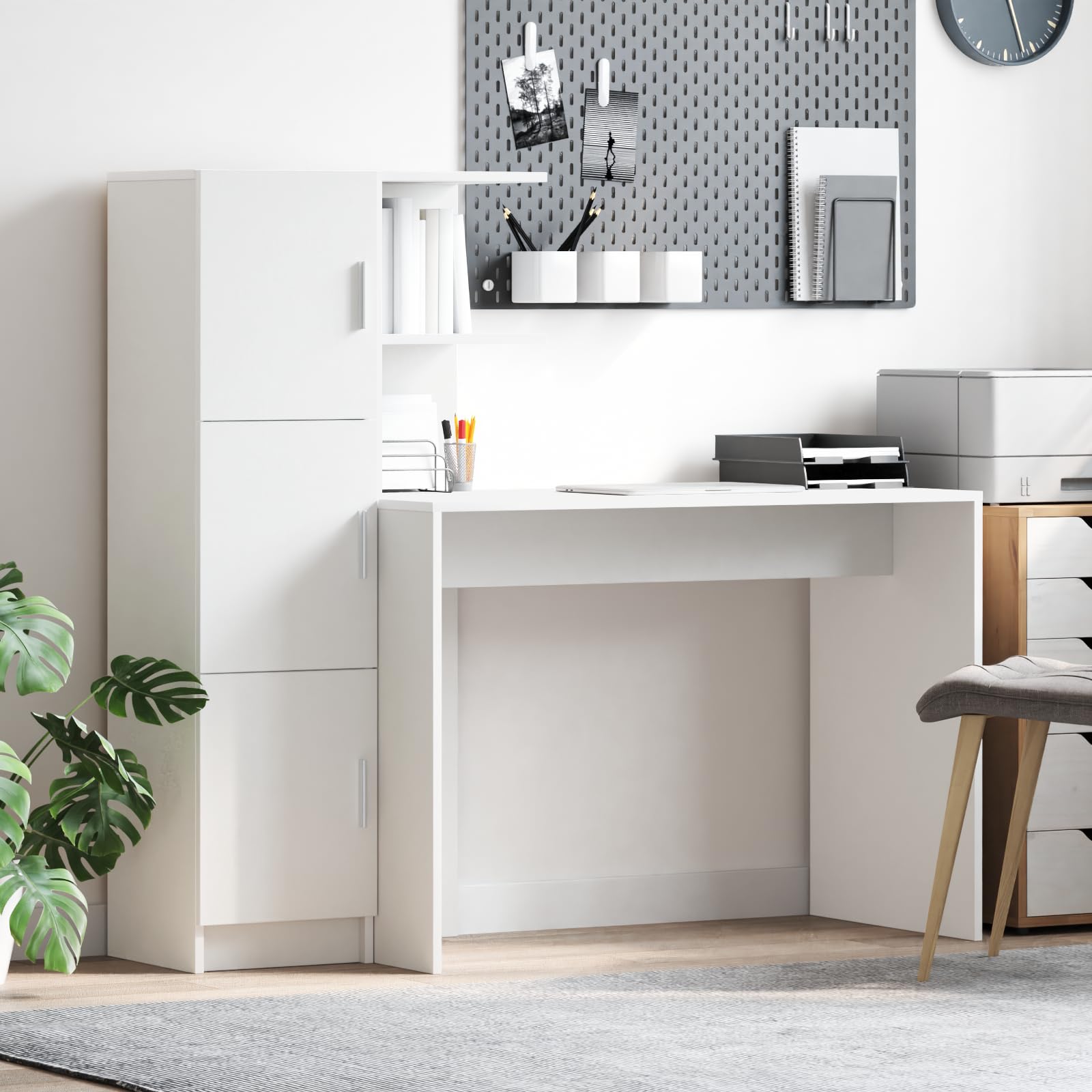 Scrivania con vano portaoggetti, in legno bianco, postazione di lavoro moderna, per ufficio, versatile, scaffali, struttura robusta, superficie antigraffio, durevole