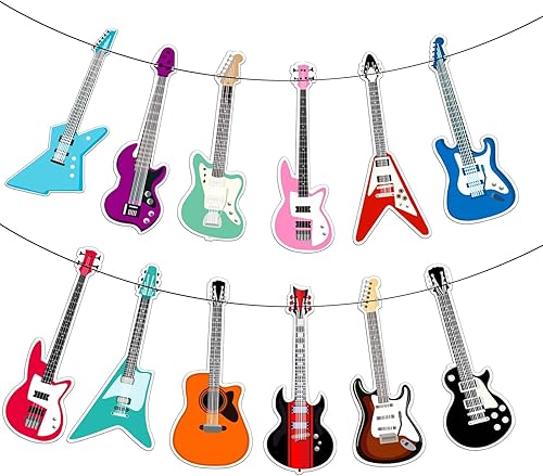 Cartel de feliz cumpleaños de guitarra, decoración geométrica multicolor para fiestas temáticas de música para niños y niñas, 5 x 78 pulgadas