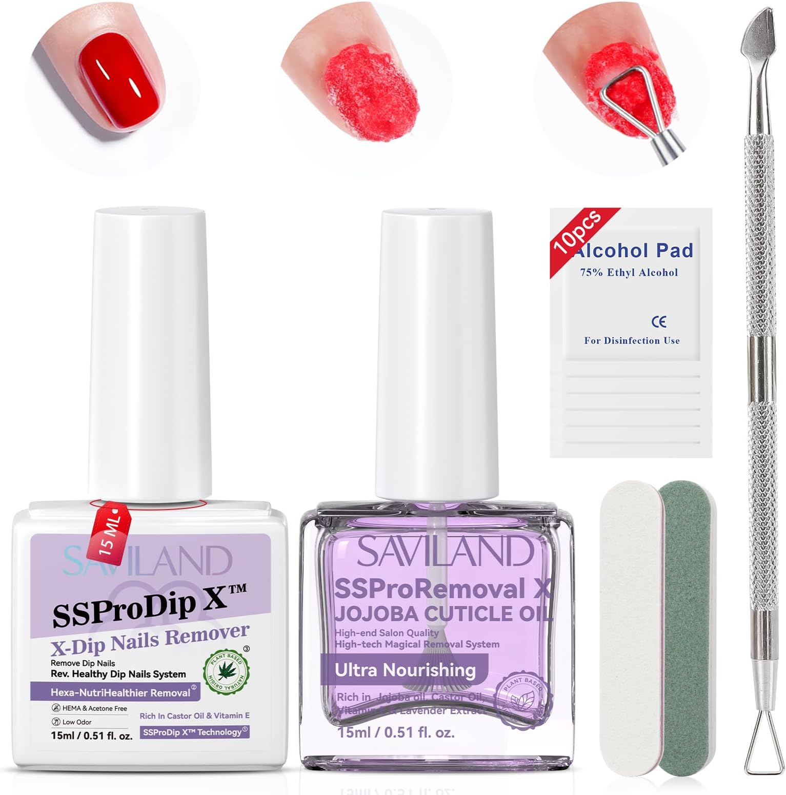 SAVILAND 3-In-1 Plant Based Dip Powder Remover Kit Fast-Acting Gel & Acrylic Nail Remover with Nourishing Castor Oil & VE No Residue, Includes Cuticle Oil & Scraper