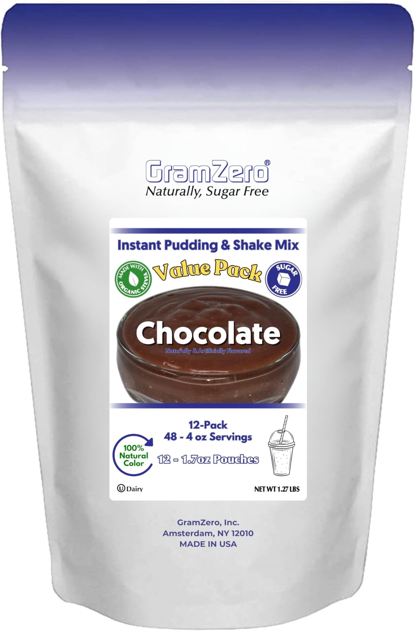 GramZero Natural Color CHOCOLATE Sugar Free Pudding Mix 12-Pack, Great For Nutrition Club Meal Replacement Shakes, Low Calorie Dessert, Stevia Sweetened
