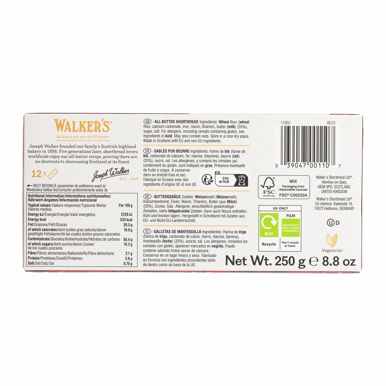 Walkers | Biscotti al burro Walkers Shortbread Limited - Confezione da 3 x 250 g