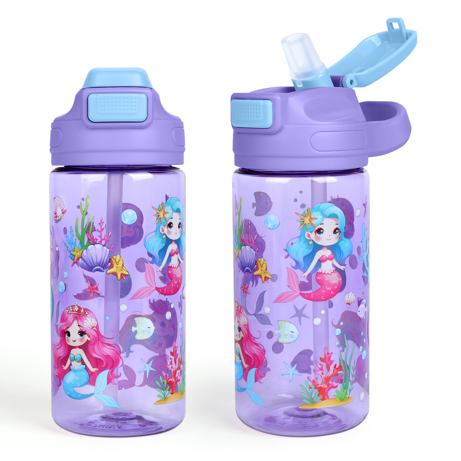 Decalsweet Kids Water Bottle with Straw,480ml BPA-Free Childrens Water Bottle with Carry Handle,Leakproof Water Bottle for Kids Girls,Drinks Bottle for School Travel Sports,Mermaid