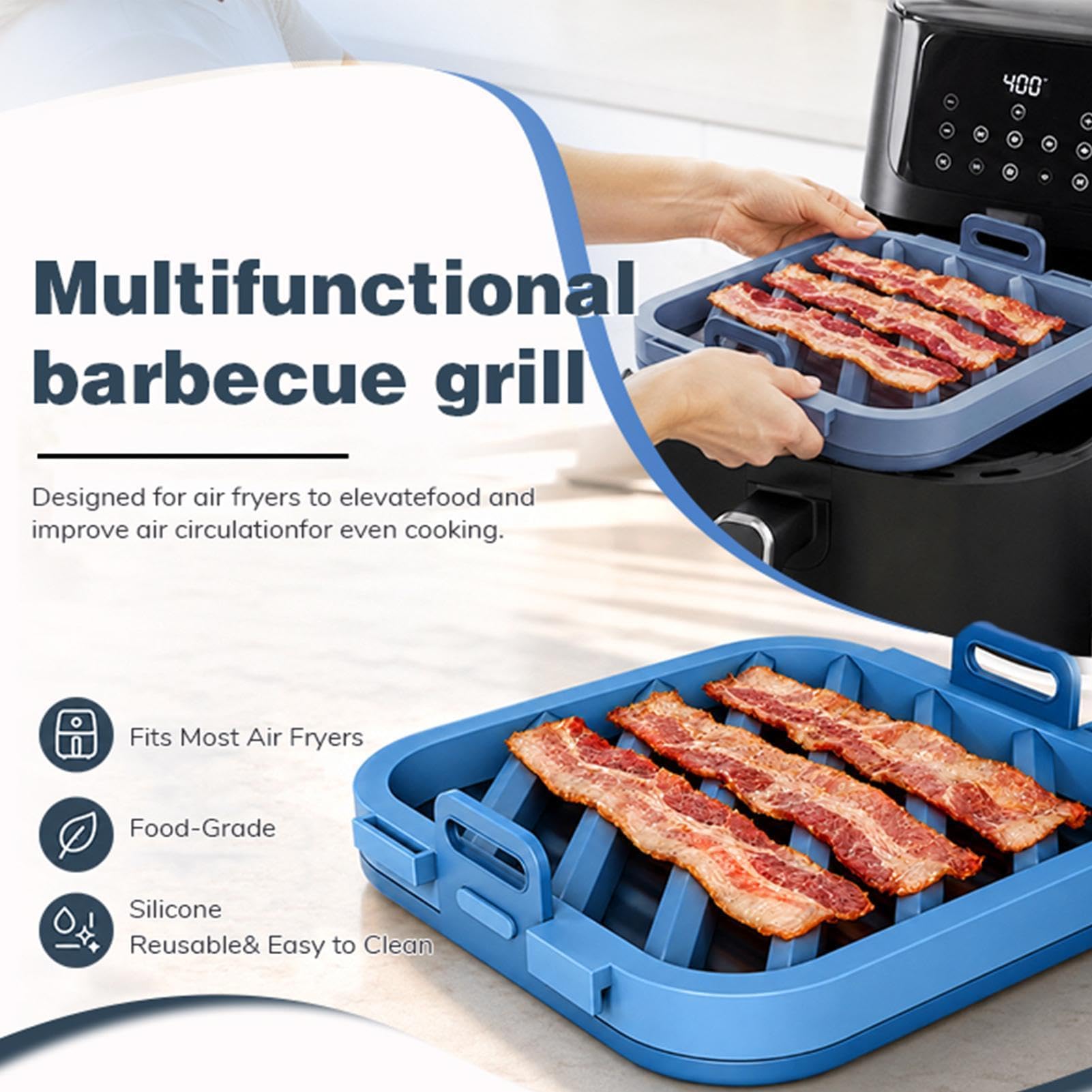 Griglia in silicone per friggitrice ad aria calda con scarico del grasso, per forno, barbecue e cottura, facile da pulire, adatta per dispositivi da 8 a 10 pollici