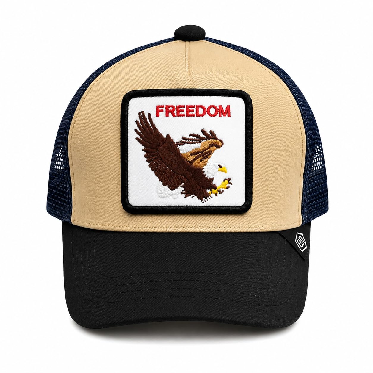 style fusion freedom trucker hat for men & women, premium cotton front with iconic embroidered patch, breathable mesh back, adjustable snapback, stylish two-tone animal farm design