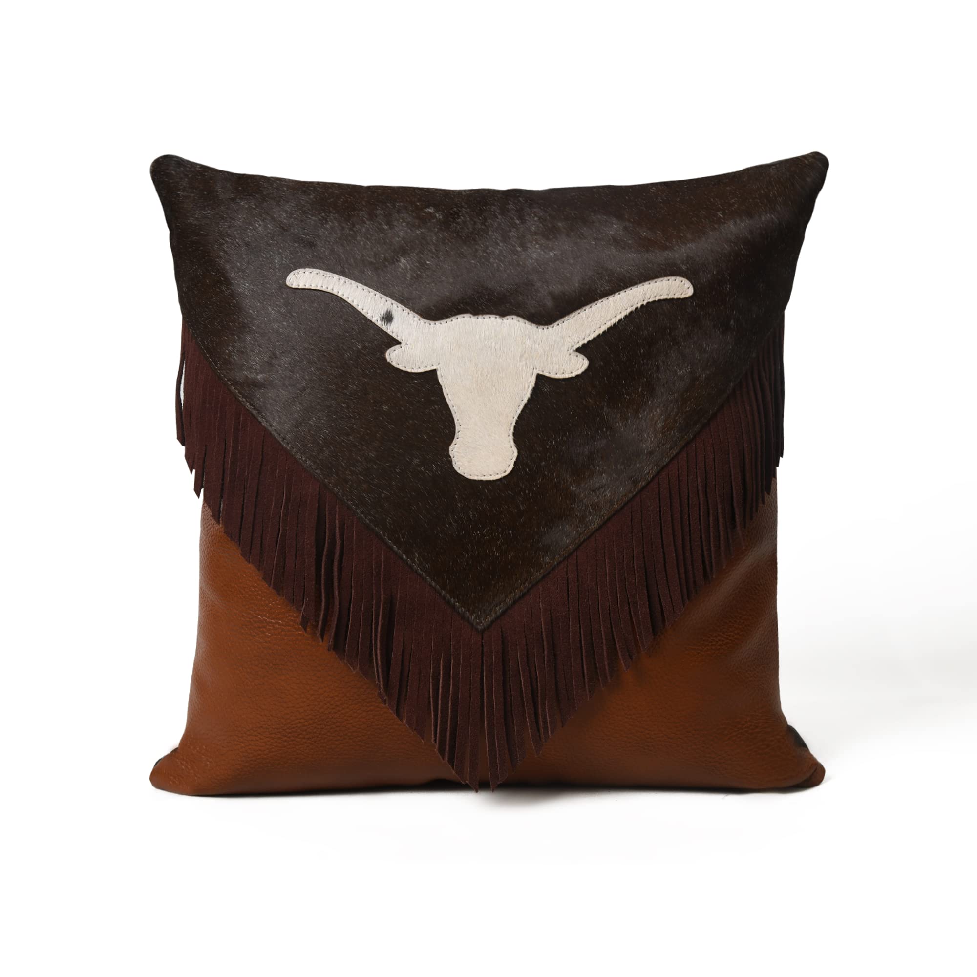 MOUSM Cowhide Leather Cushion Cover with White Cow Hide Bull Head and Sweat frienge in Center., Brown Tan Top Grain Finish Set of (6)