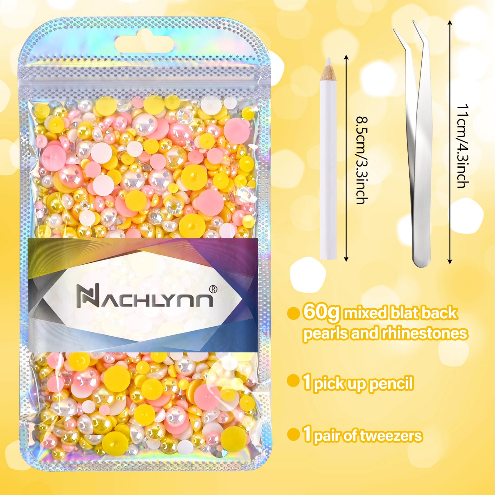 NACHLYNN 60g Mix Pearls and Rhinestones for Crafts Flatback Rhinestones Half Round Mixed Size 3mm-10mm Flatback Pearls for Crafts DIY Nail Art Shoes Clothes Tumblers Mugs (Pink Yellow) - Image 4