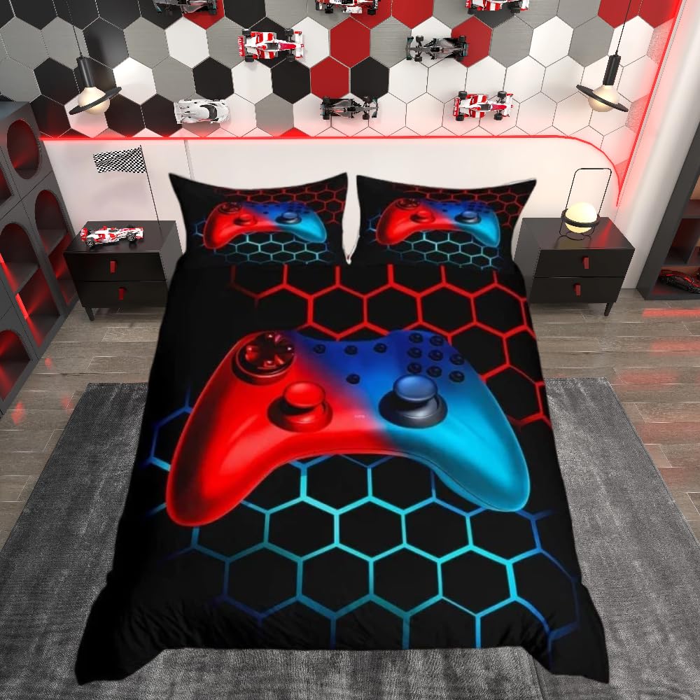 Housse de couette gamer rouge et bleue avec sa taie d'oreiller pour lit enfant