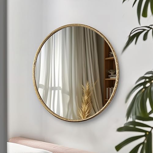 Miniatura 8 de Espejo redondo de baño RD24 pulgadas, color dorado antiguo, espejo de acento con marco de metal, moderno espejo de pared rústico envejecido,