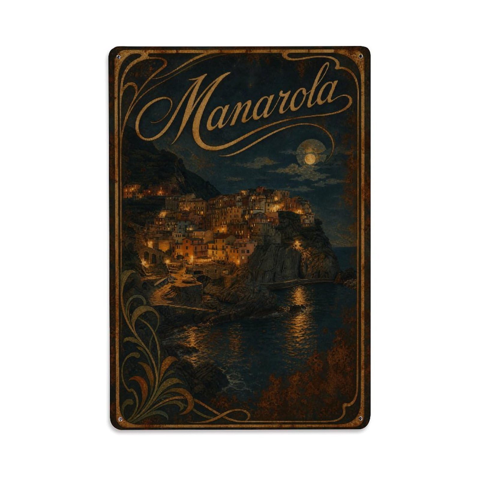 Huiyhb 8X12inch(20X30cm) Vintage Travel Manarola Night Lights Village Glow Italy Metal Tin Sign