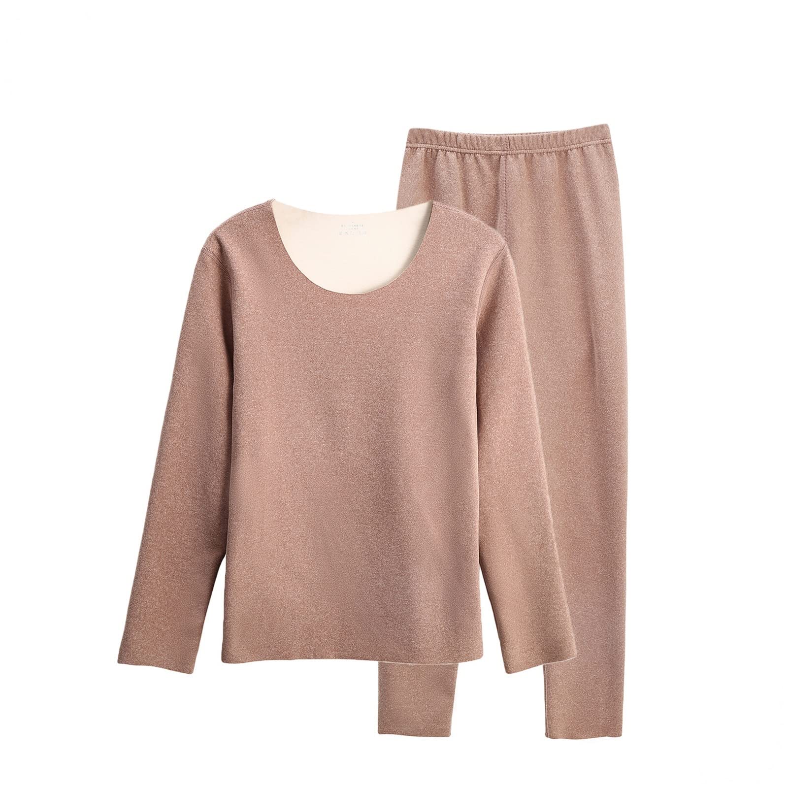 Dsnyu Thermal Wear Women, Polyester Round Collar Insulated Underwear, Camel Thermal Top and Pants XL