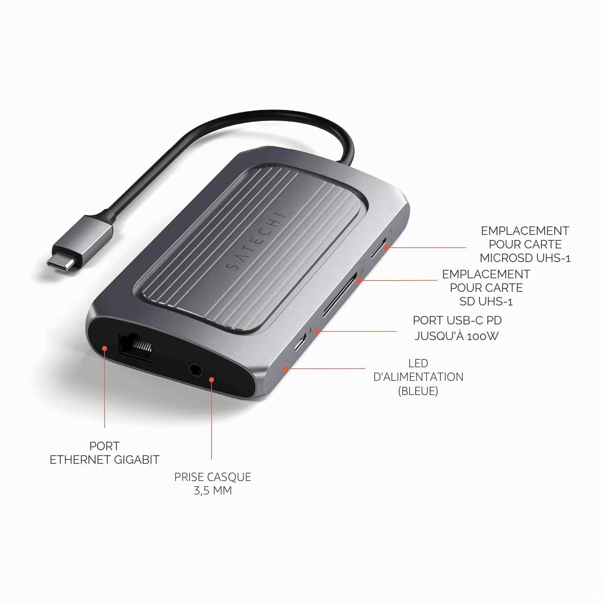 SATECHI Hub USB C 9 en 1 Multiport, HDMI 8K, PD 100W, Gris | Ethernet Gigabit, prise audio 3,5 mm, SD/microSD UHS-I, pour MacBook et PC Windows, iPad et plus