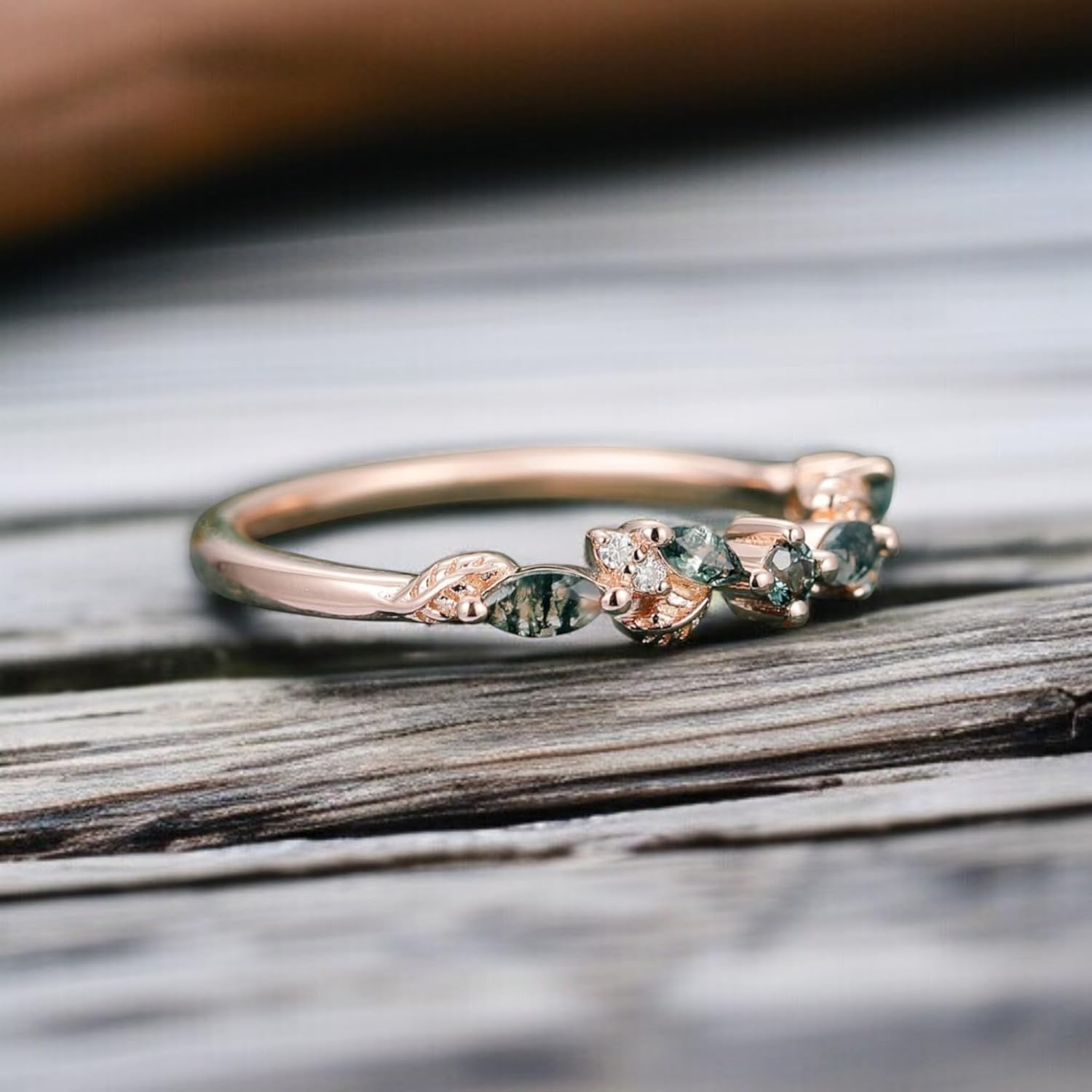 Moss Agate wedding Stacking Band 14K Rose Gold Plated Half Eternity Tiny Dainty Ring Natural Gemstone Ring Delicate Moss Agate Promise Ring For Her