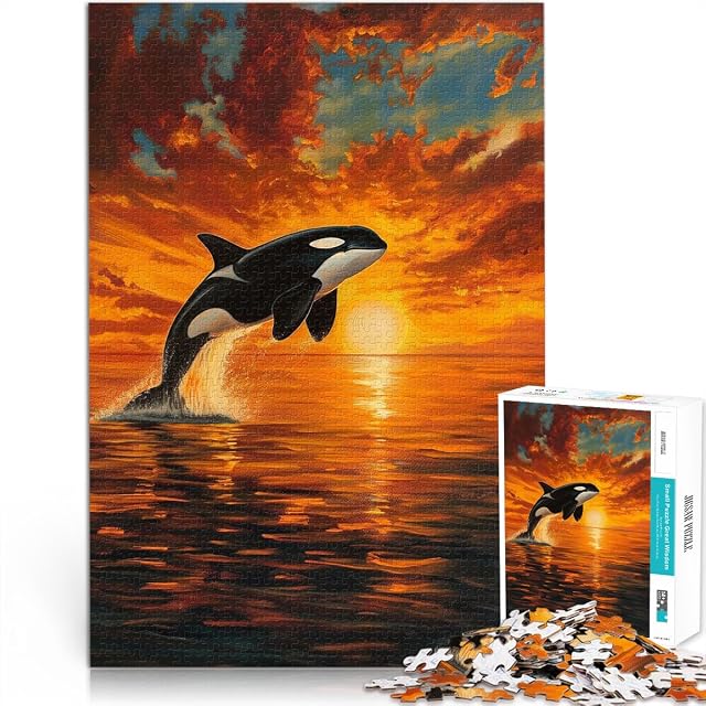 Rompecabezas de 1000 Piezas para Adolescentes Atardecer panorámico de orcas en el océano Aprendizaje…