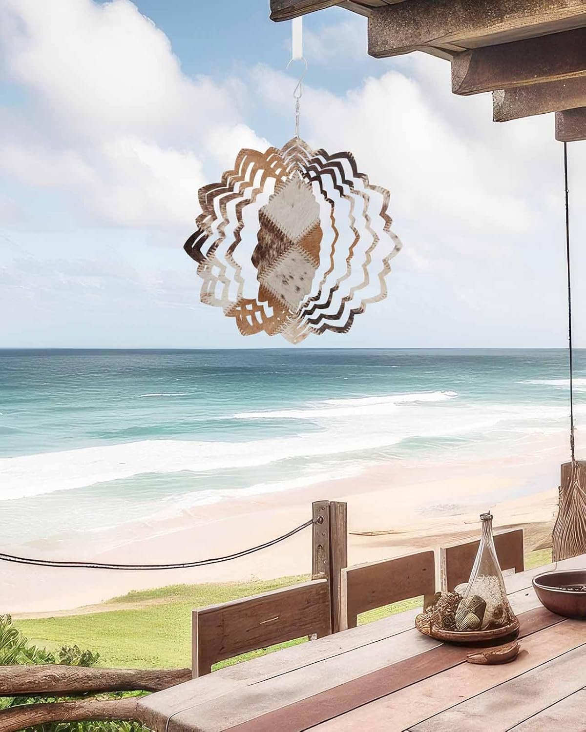 Worn Hide Wind Spinner for Garden Yard 12In, Rustic Vintage Abstract Bronze Brown Tan Diamond Plaid 3D Stainless Steel Kinetic Hanging Wind Spinners Rustproof Outdoor Decor for Lawn Patio Home