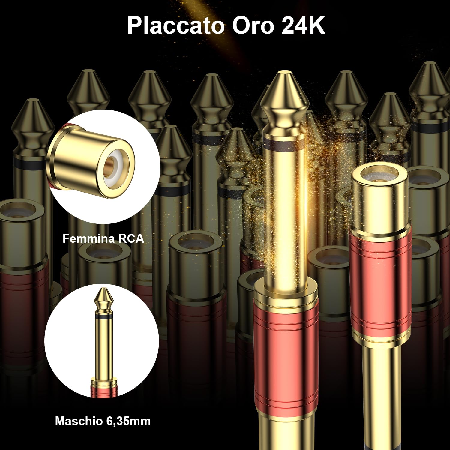 Adattatore Audio RCA a Jack 6,35mm 2 Pezzi - 6,3mm 1/4'' TS Maschio a RCA Femmina (Mono, 24K Dorati, Rosso)