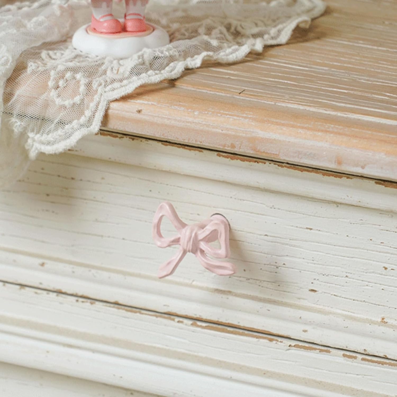 Pink Bow Cabinet Knobs 6 Pack - Decorative Pull Handles for Home Kitchen Cupboard Dresser Wardrobe and Drawer Hardware