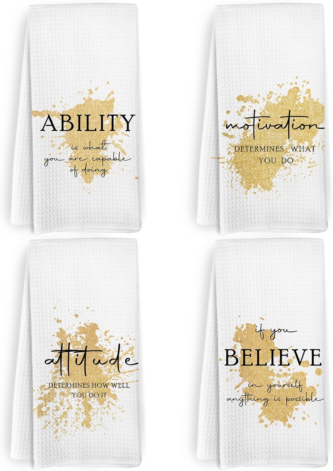 Gold Inspirational Kitchen Towels and Dishcloths Set of 4, Motivational Quotes Dish Towels, Modern Gold Positive Affirmations Decorative Hand Tea Towel for Office Bathroom Kitchen, 16x24Inch