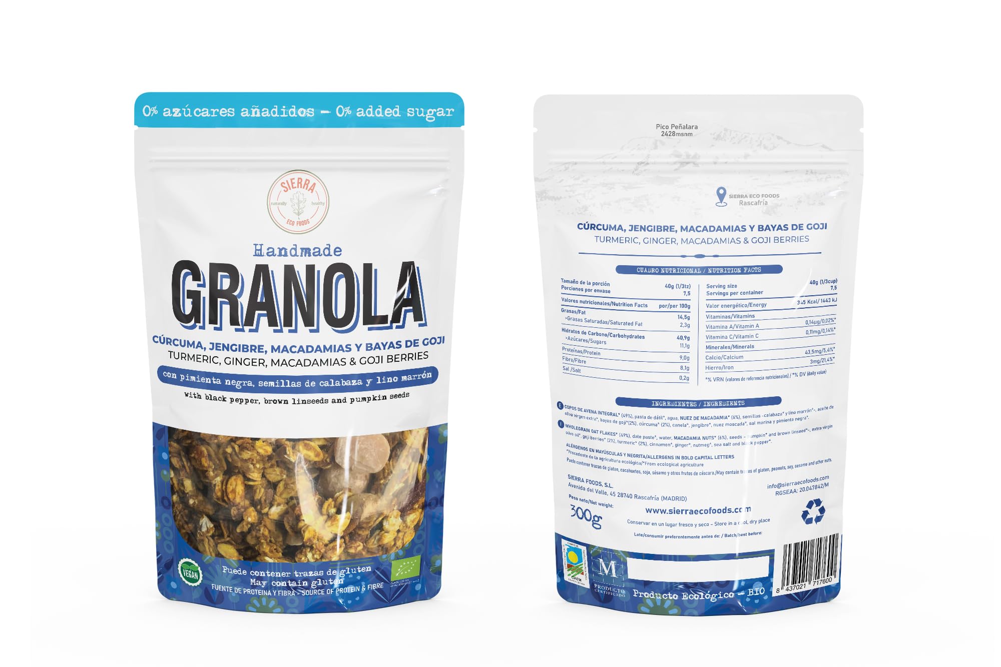 Granola Ecológica y Artesana, 0% Azucares Añadidos, Cúrcuma, Pimienta Negra, Jengibre, Macadamias y Bayas de Goji, Pasta de Dátiles, Semillas de Calabaza y Lino Marrón (Pack: 3 bolsas x 300g)