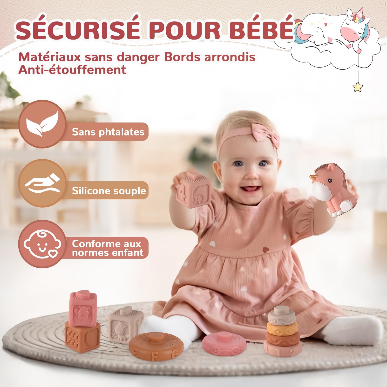 Jouet Bebe 6 Mois, 5-en-1 Jouet Montessori Bébé 6-12 Mois - Jeux d'eveil Bebe 6-12 Mois avec Xylophone en Bois, Cubes à Empiler et Trieur de Formes,Jouet Sensoriel Cadeau Bebe Éducatif