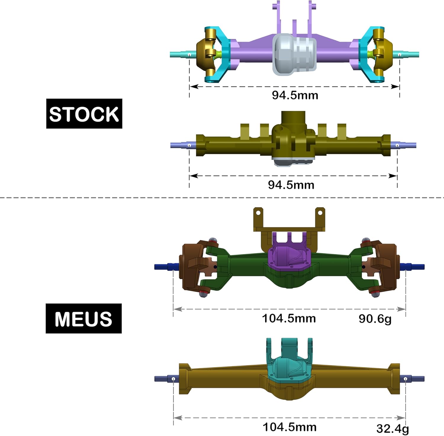 MEUS RACING Nylon TRX4M Axles with Isokinetic 3-Section CVD for Traxxas TRX4M Bronco/Defender/High Trail K10/ F150 1/18 RC Crawler Upgrade, +5mm Widened and 52° Max. Steering Angle