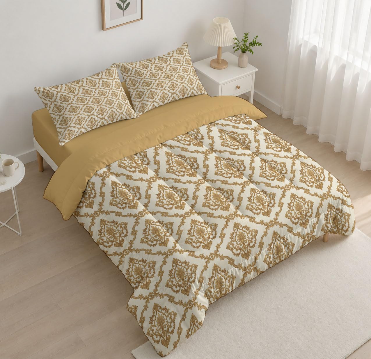 Copriletto Trapuntato Per Bambini Con Fiori Damascena Classici | Trapunta Singolo Invernale, Oro, Piumone Caldo Morbido Geometria Barocca Di Lusso Per Decorazione Camera Da Letto