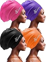 Vista 1 de Paquete de 4 gorros de natación de silicona extra grandes para trenzas y rastas, negro, para mujeres y hombres, pelo largo, para piscina, impermeable