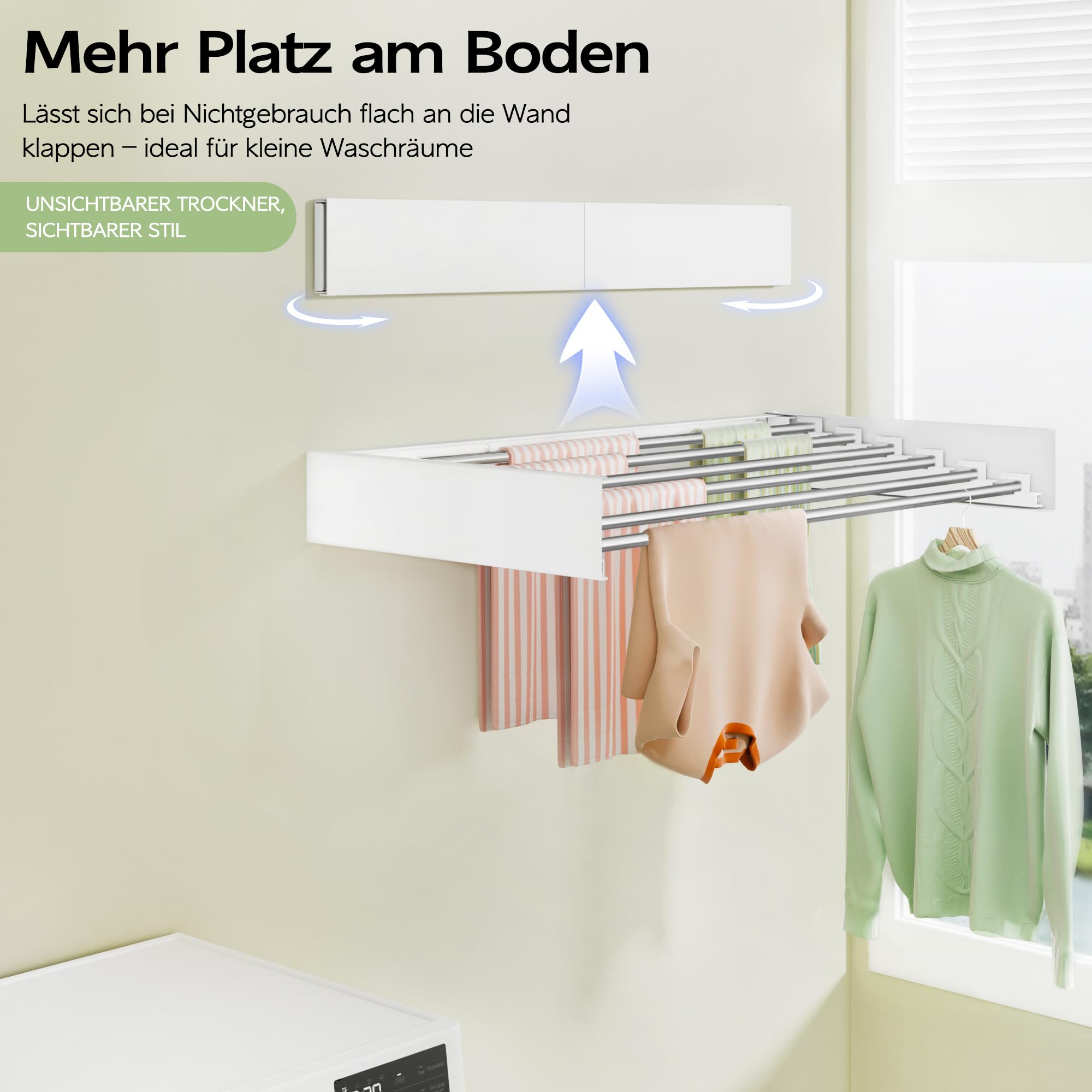 Vikaqi Wäscheständer zur Wandmontage, 101,6 cm, faltbar, Wandhalterung, Wäscheständer, zusammenklappbar, versteckter Platzsparer mit Wandschablone, 6 Stangen, Weiß