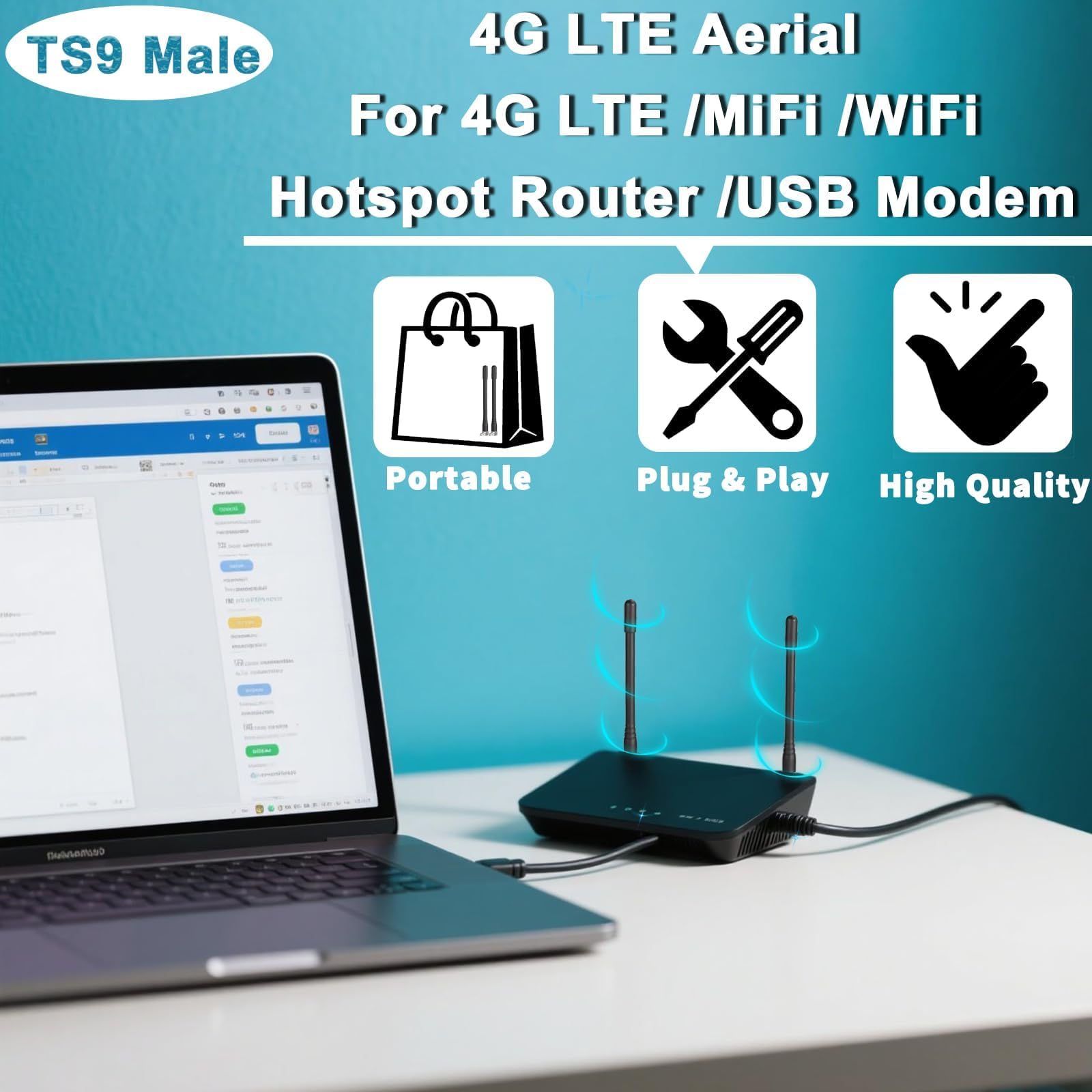 Bingfu 4G LTE antena 3 dBi zewnętrzna antena TS9 (2 sztuki) Kompatybilna z 4G LTE MiFi mobilny WiFi hotspot router USB modem Nighthawk AC785 AC790 AC810 LB2120 Huawei ZTE