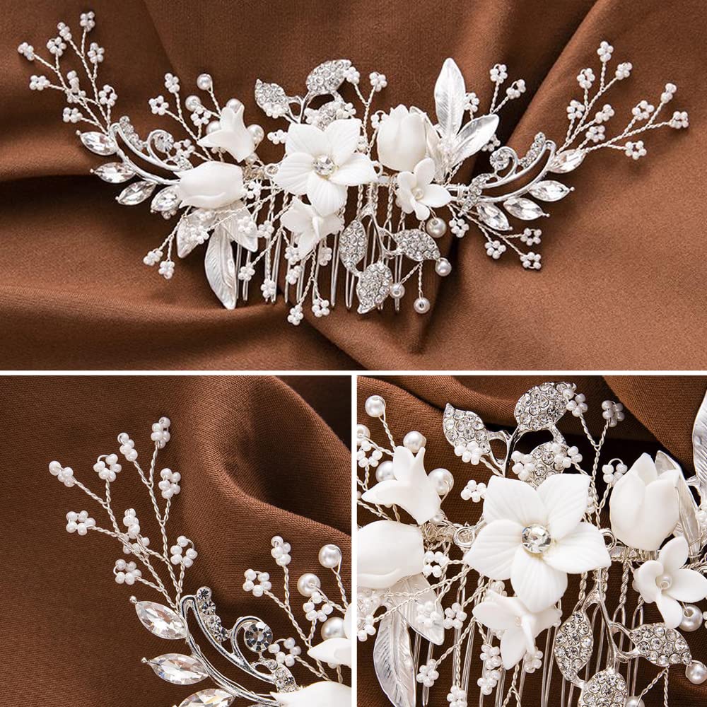 Handmade Wedding Hair Clip Comb Silver Plated Rhinestone Bridal Hair Piece Amazon.com : Handmade Silver Bridal Hair Comb Clip Flower  main image 2