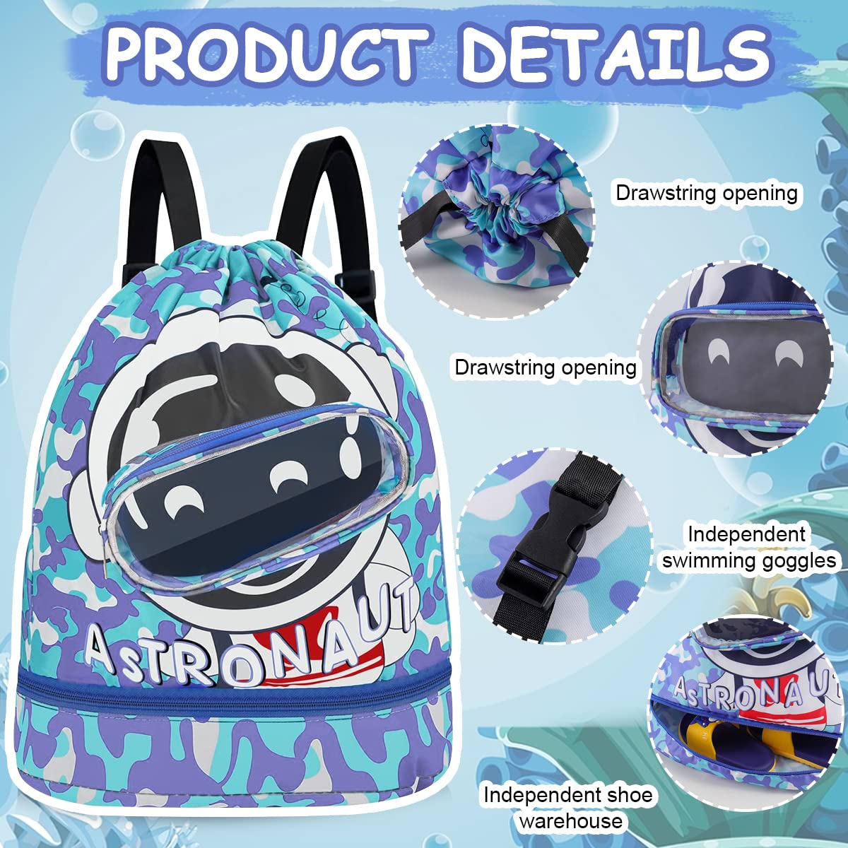 PALAY® Swimming Bag for Kids Cartoon Print Shoulder Bag for Kids Large Capacity Backpack for Boys Girls Wet Dry Separation Beach Bag Storage Bag for Clothes, Swimming Goggles 1