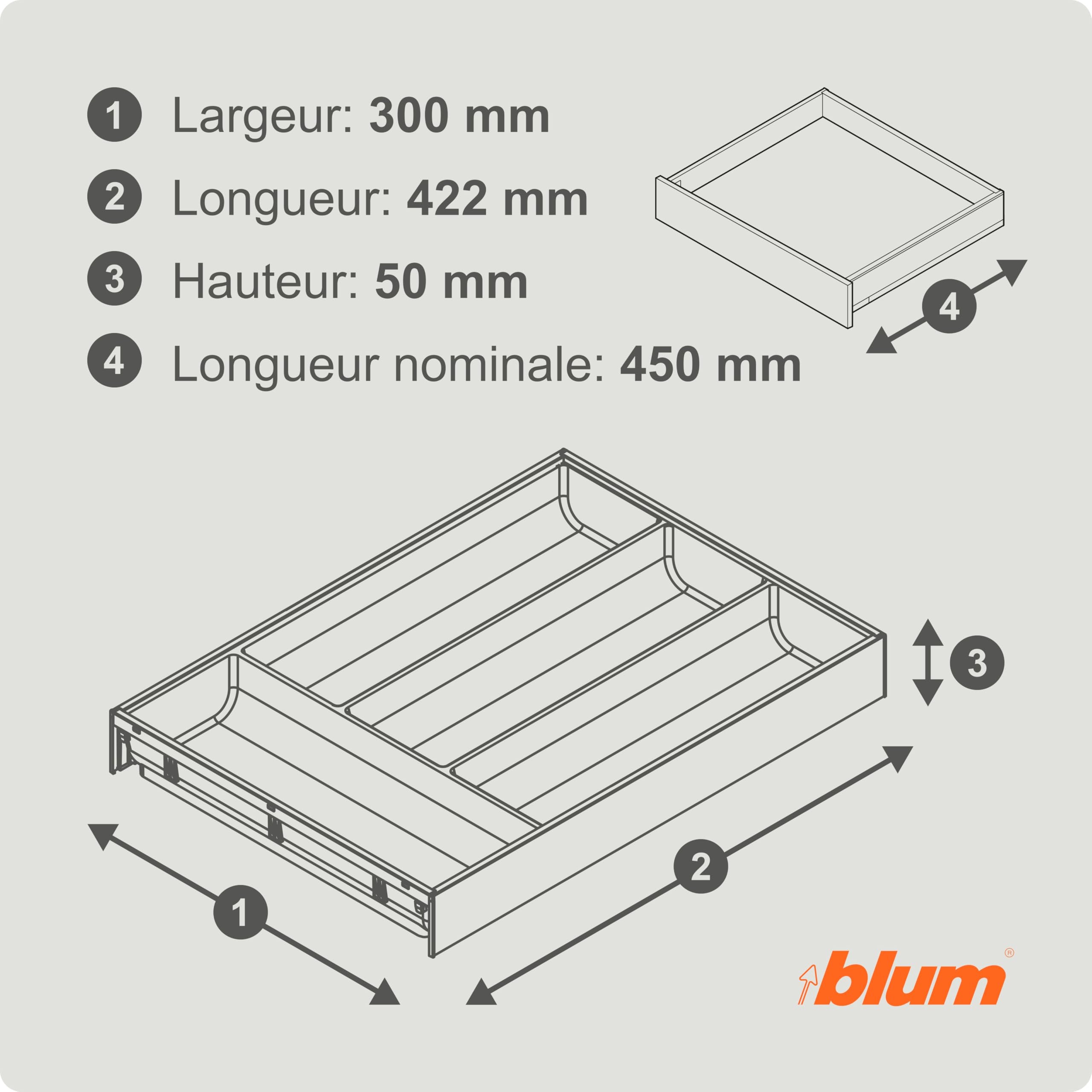 Blum AMBIA-LINE range-couverts Soft-Touch | organiseur de tiroir premium pour tiroir et meuble de cuisine modernes | protège, trie et range couverts et ustensiles | 42×30×5 cm | Gris Orion