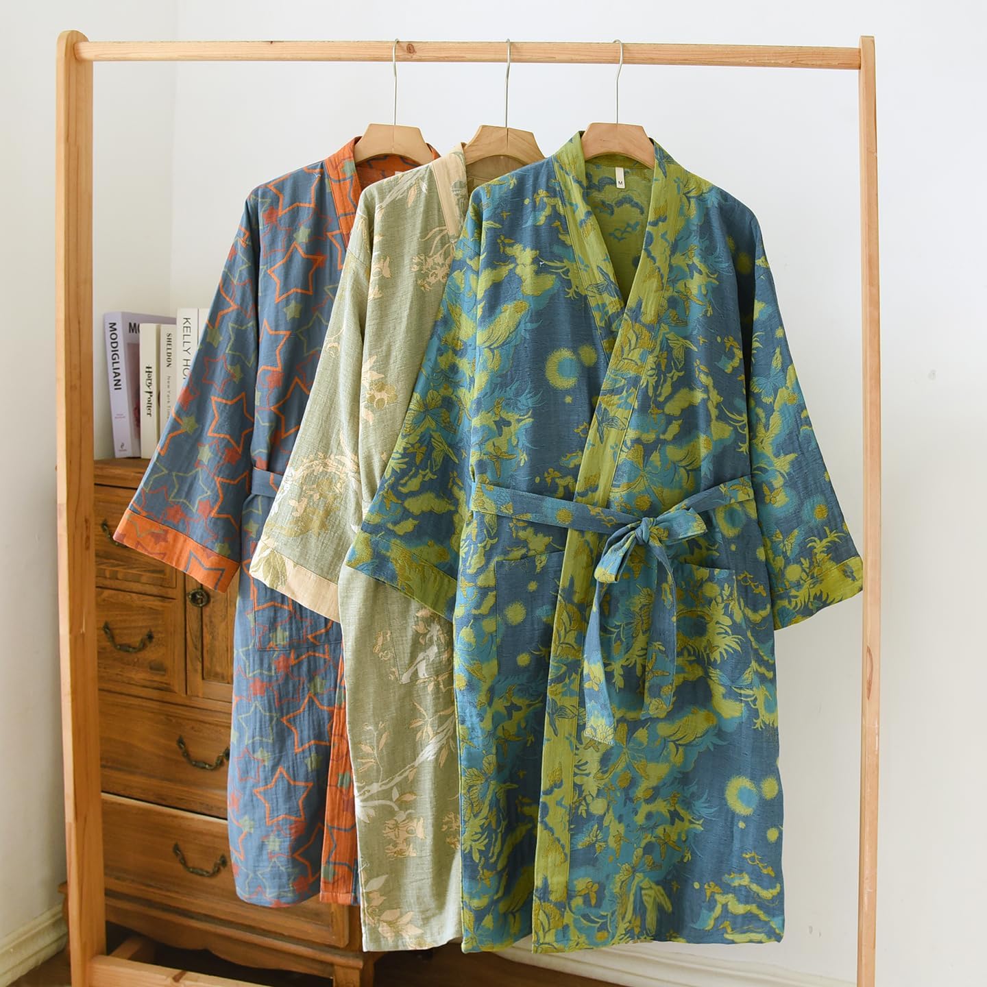 PRINCESS BRIDE Yarn-dyed Cotton Jacquard Elegant Kimono Robe Traditional Loose Yukata Bathrobe Mid-Length Loungewear for Women 165/88A/L(Light Green) - Image 3