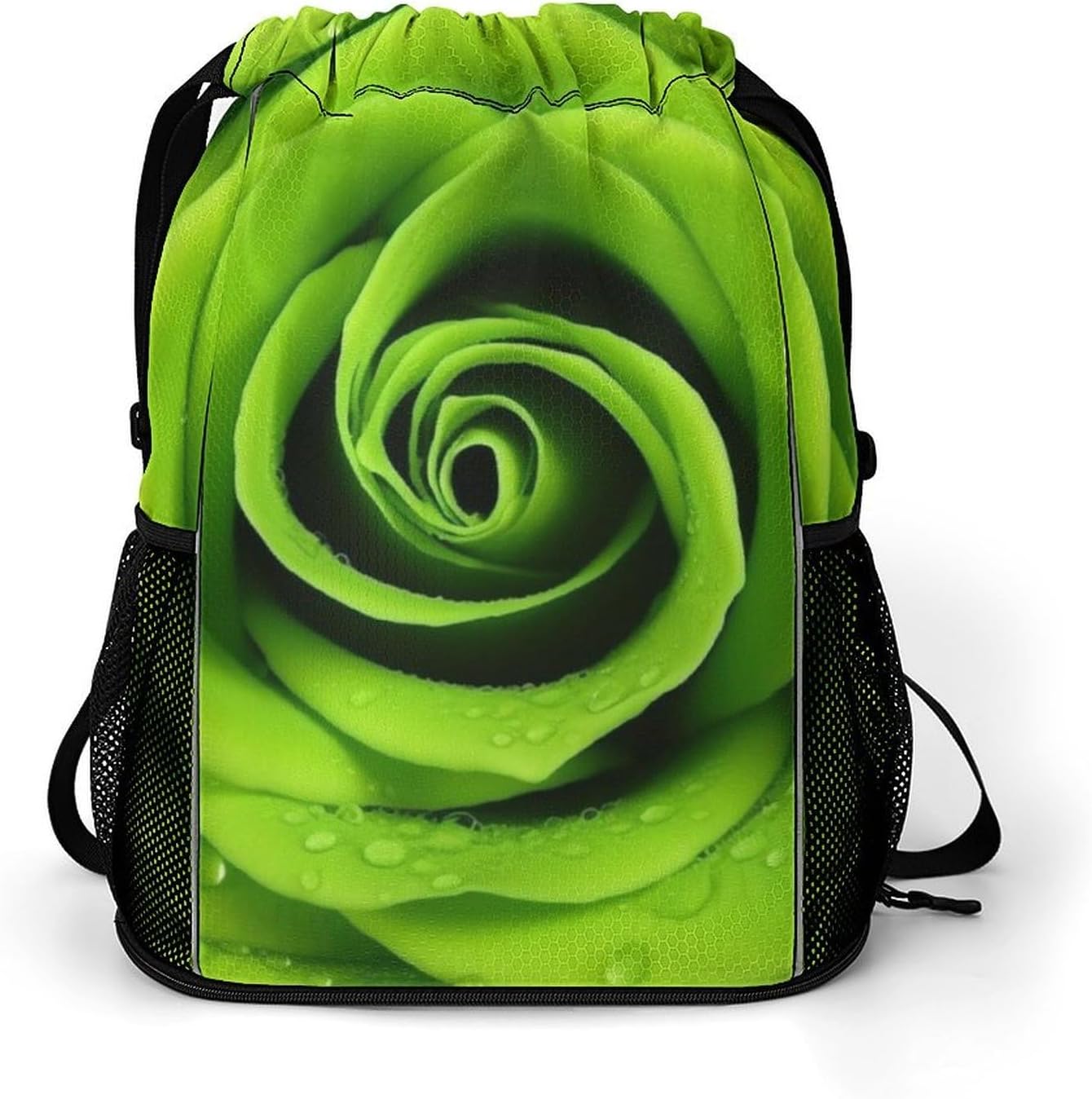Green Rose Drawstring Backpack with Wet Pocket - Large Capacity Gym Bag with Shoe Compartment & Mesh Pockets, Adjustable Lightweight Gym Backpack for Swimming, Travel, Workout