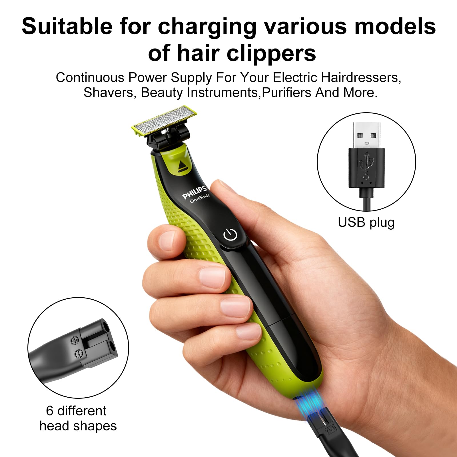 Flintronic Uniwersalny przewód USB, kabel ładujący 5V z 6 złączami, zasilacz ładowarka do Philips Norelco 7000/5000/3000/QT/QS/AT/PT/QG/BG/HQ/RQ/XL/XLCC/X/HS/QC Seria, kabel do golarki