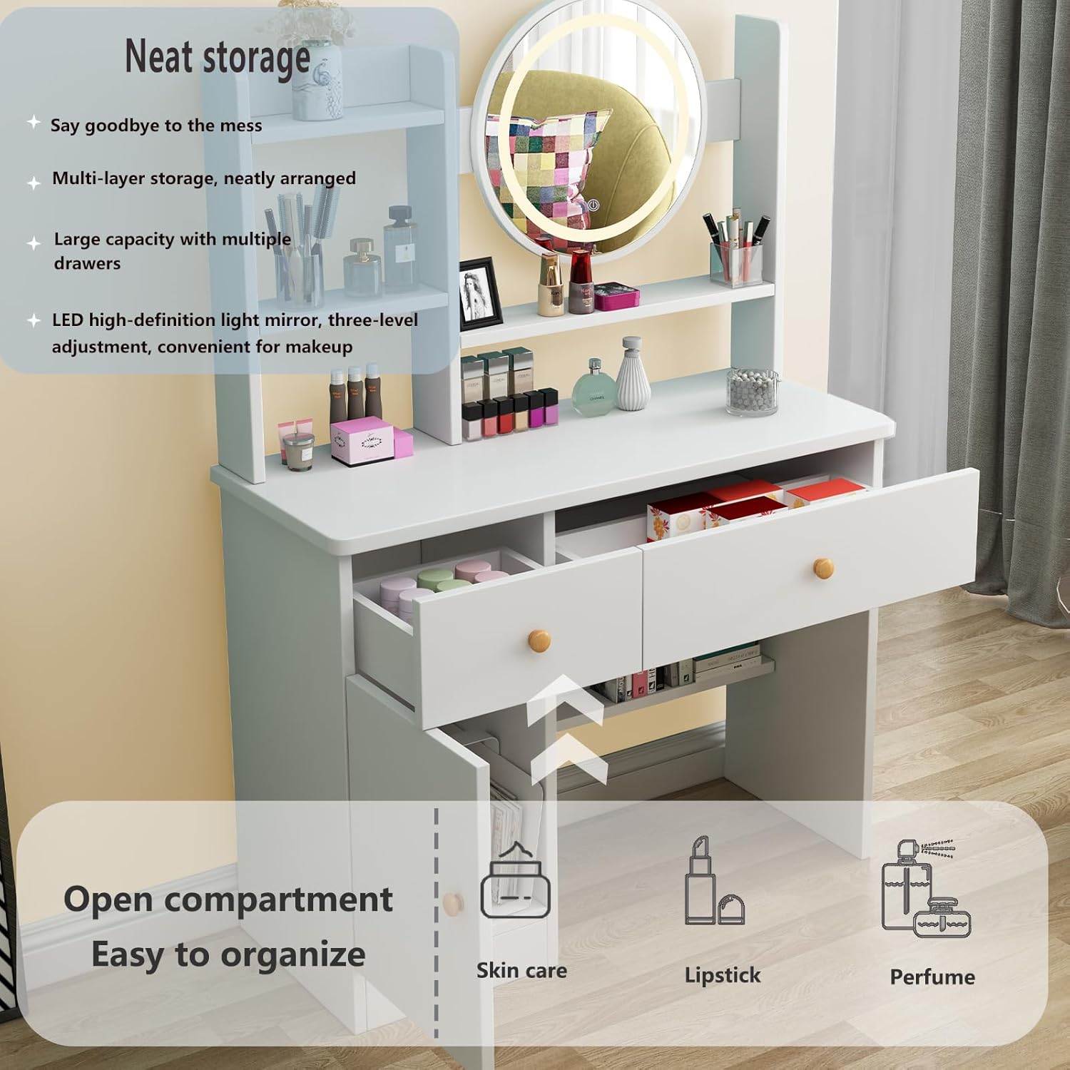 Zeaper dressing table with drawers and open compartments for organized storage of cosmetics.