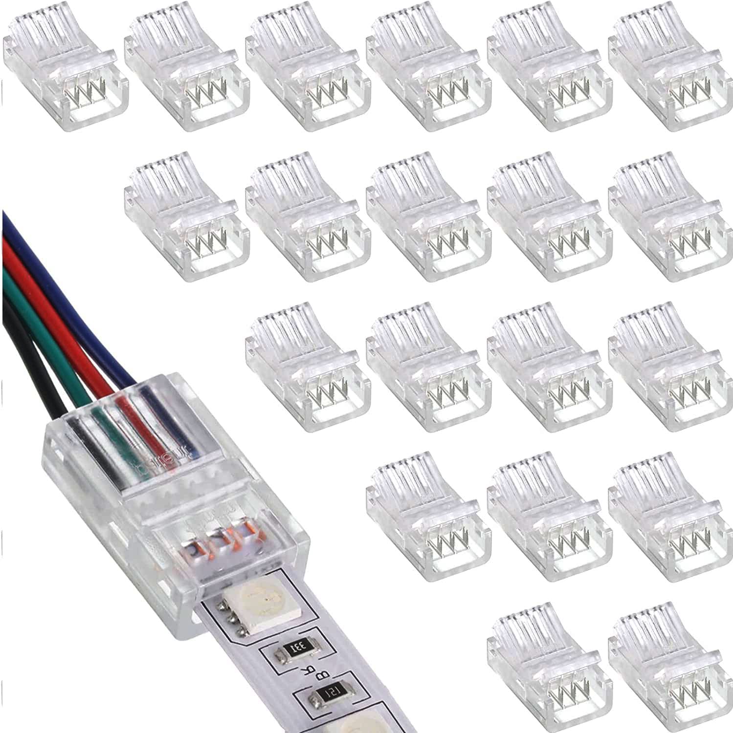 RUNCCI-YUN 20 Stück Strip Connector 4-Polig 10mm, Lötfrei Streifenverbinder, 4Pin Verbindungskabel für RGB 5050 LED Strip 5V 12V 24V (Transparent)