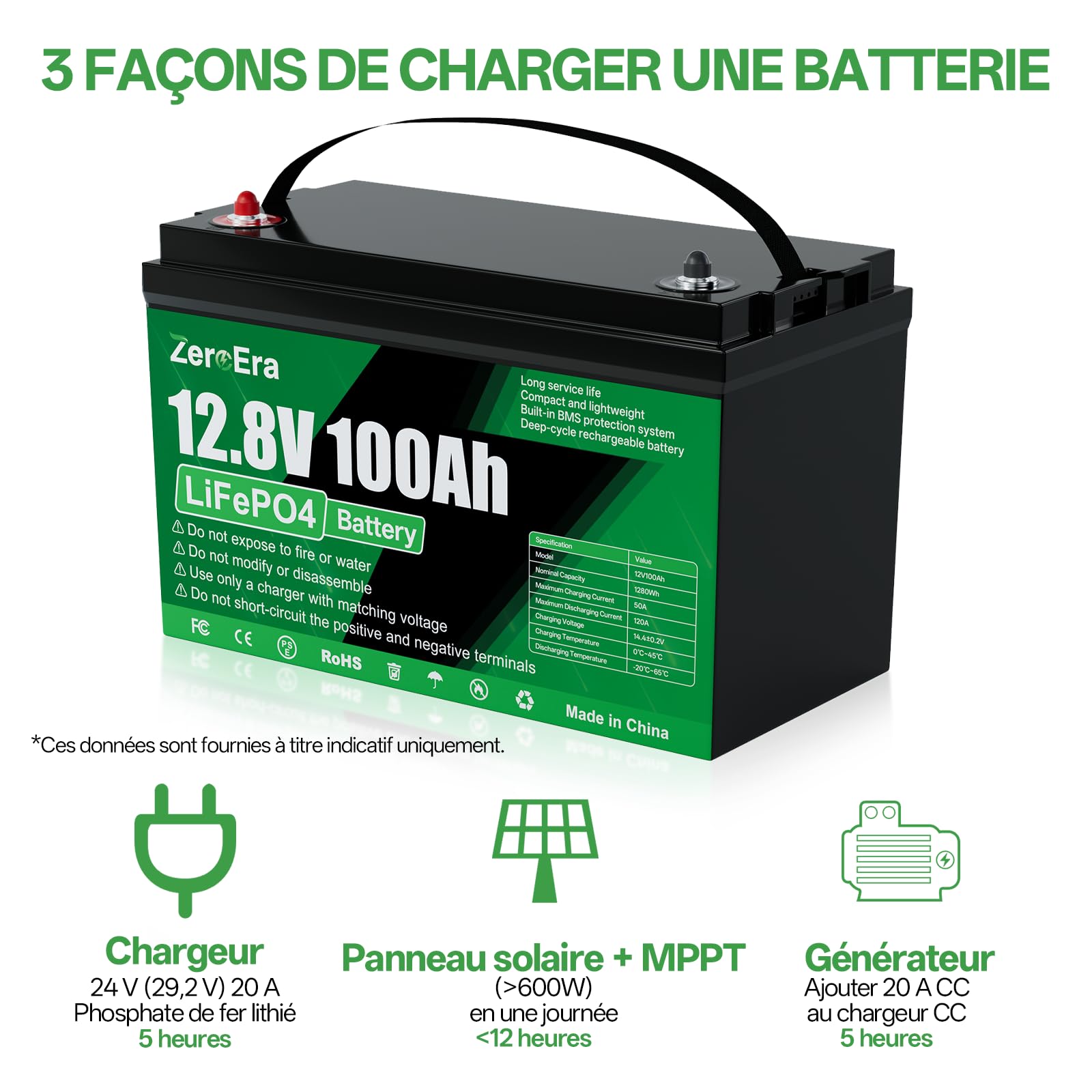 Batterie Lithium LiFePO4 12V 100Ah 1280Wh,BMS 100A Intégré, Protection Basse Température,Cycle Profond Longue Durée de Vie,Prend en Charge Montage Série et Parallèle,pour Panneau Solaire,1 * 12V 100AH