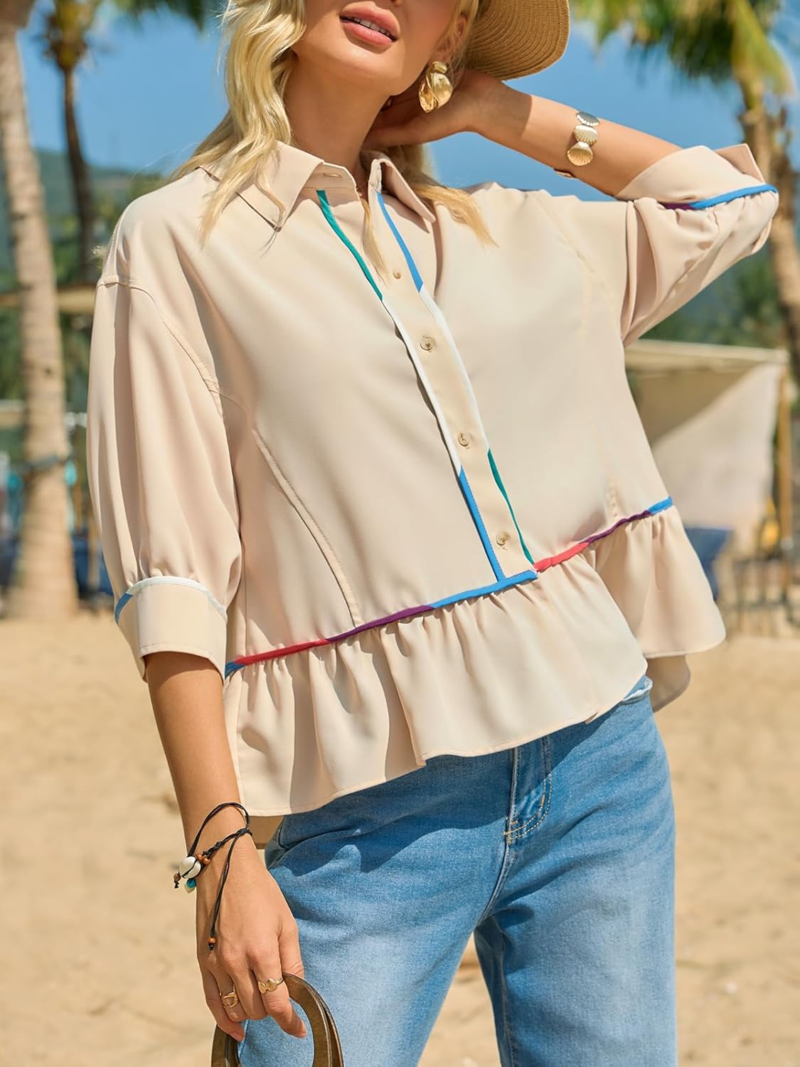 Cicy Bell Womens Summer Peplum Blouses Half Sleeve Button Down Shirts Casual V Neck Ruffle Tops - Image 3