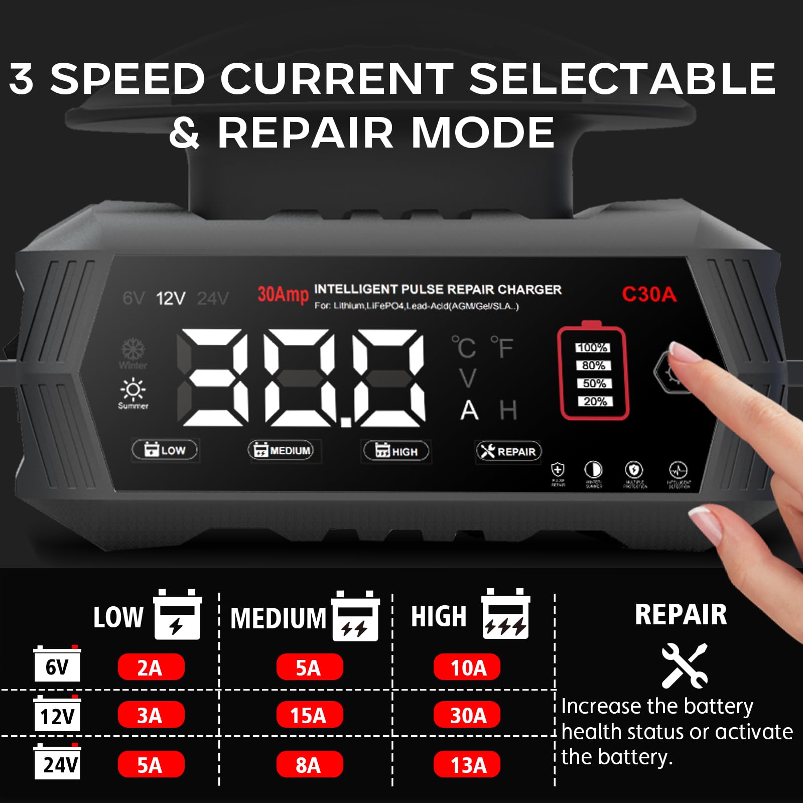 Haisito Caricabatterie per auto C30A, 6 V/12 V/24 V, 30 A, per camion, veicoli agricoli, navi, ecc., batterie al litio, LiFePO4 e batterie al piombo acido (AGM, Gel, MF, EFB, SLA, VRLA).