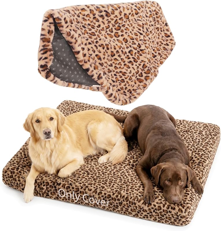 Capa para Cama de Cachorro em Pelúcia Sintética, Removível e Lavável, Leopard Print Brown-White, 91,44 x 71,12 x 10,16 cm