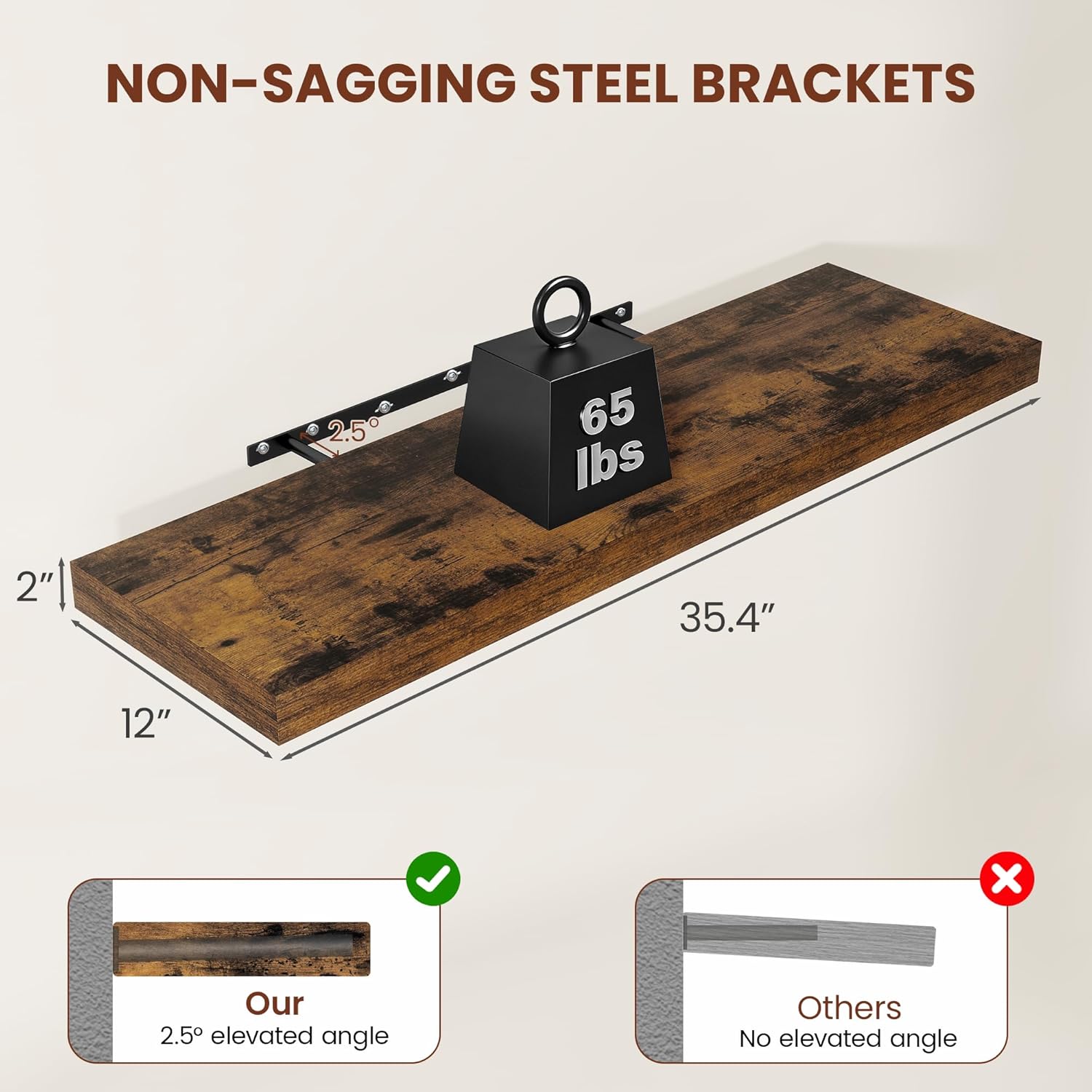 Vivelove 12" Deep Floating Shelves for Wall 36" Long, Wall Shelves for Bedroom Living Room Bathroom Kitchen Laundry Room, Farmhouse Rustic Shelves for Home Decor, 36" X 12" X 2" Set Of 2, Rustic Brown