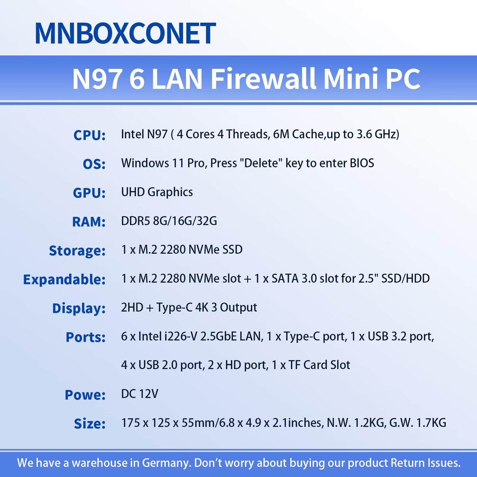 Mini PC N97 Firewall Sin Ventilador (hasta 3.6GHz), Micro Computadora de Hardware DDR5 16GB RAM 256GB con 6 x LAN 2.5GbE I226-V, OPNsense, Tipo C, TF, AES-NI